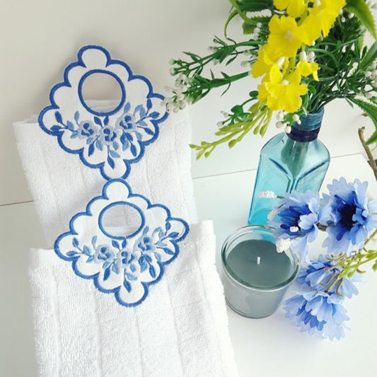 Guest Hand Towel With Embroidered Flowers in Blue and White